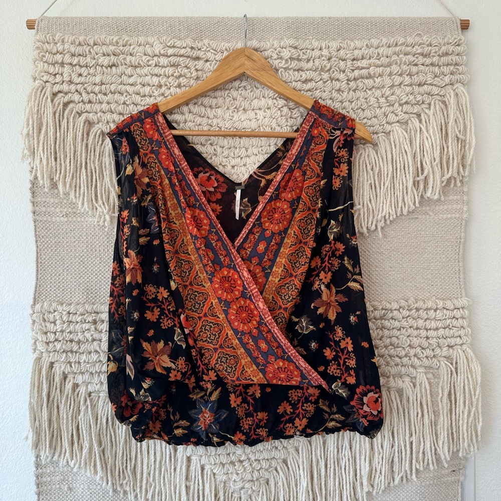 Free People Havana Floral Surplice Mesh Tank Top